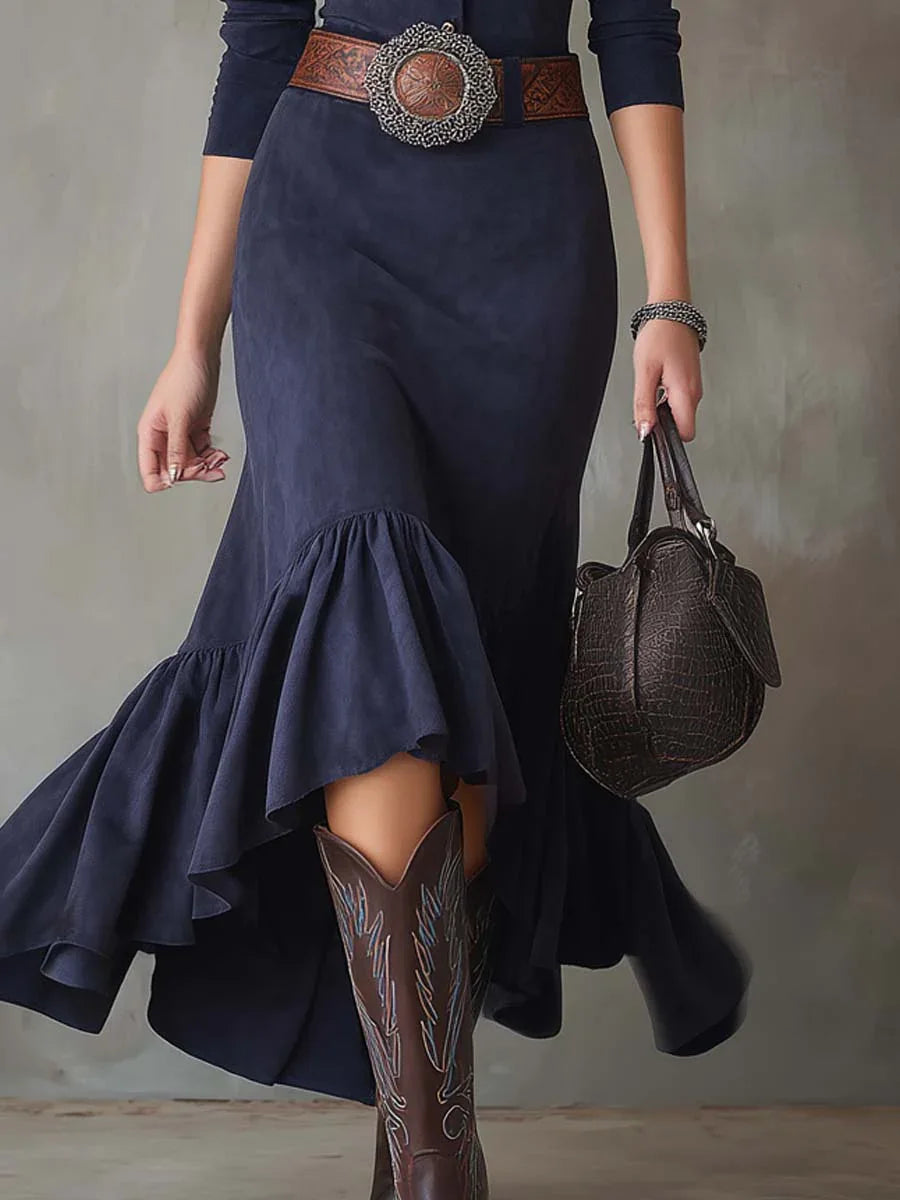 Navy Blue Stand-up Collar Button High-low Hem Maxi Dress(with belt) - NuaVibe