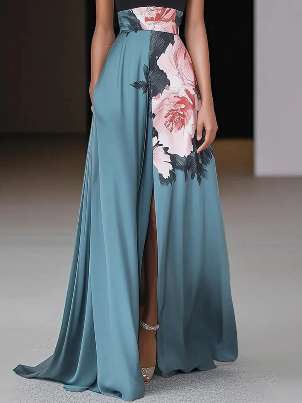 Black Slit Floral Classic Crew Neck Sleeveless A-Line Maxi Dress - NuaVibe