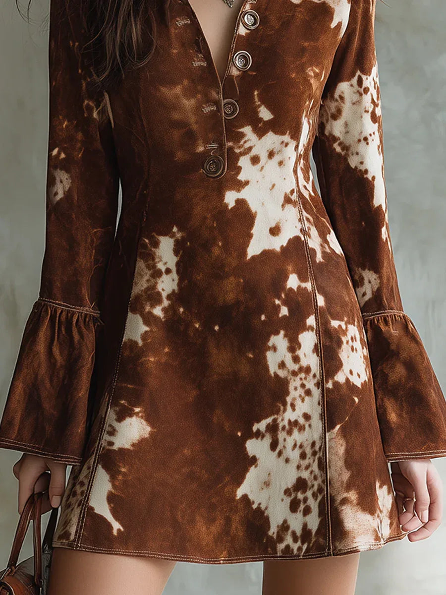 Cow Print Button Faux Suede Retro Mini Dress - NuaVibe