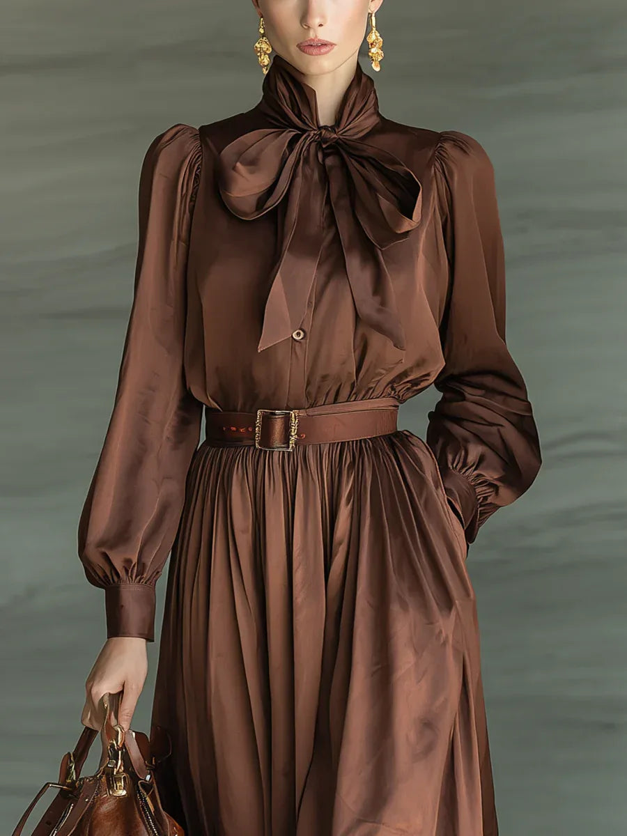 Caramel-colored Bow-tie Blouse and Long Skirt Two-piece Sett(with belt) - NuaVibe