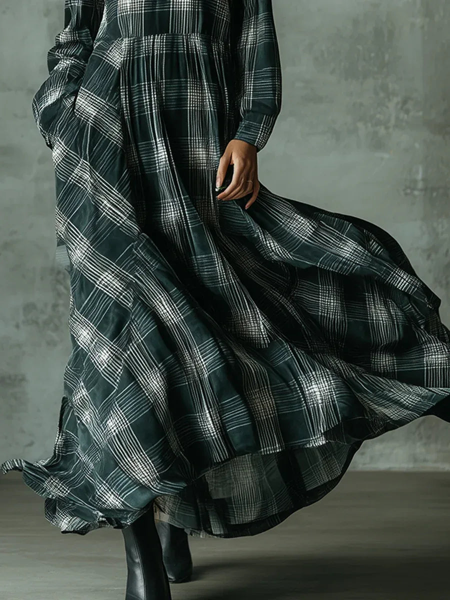 Dark Green Plaid Print Vintage Cotton Blend Loose Maxi Dresses - NuaVibe
