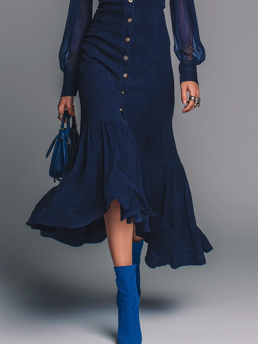 Navy Blue Faux Suede Chiffon Patchwork Lapel Button-down Irregular Midi Dress