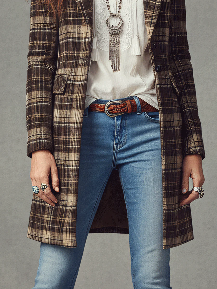 Retro Traditional Brown Plaid Mid-length Coat