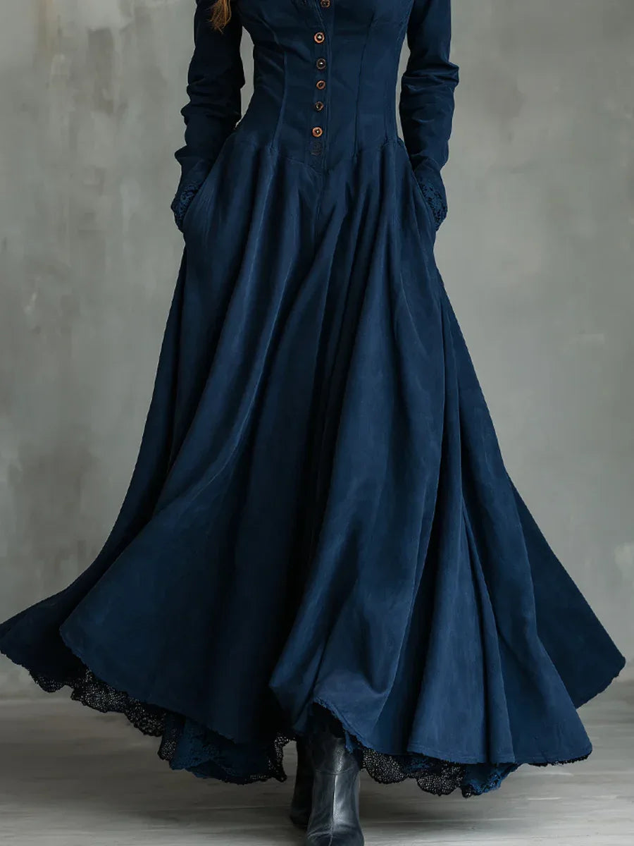 Gothic Dark Blue Faux Suede Lace-trimmed Shirt Collar Maxi Dress - NuaVibe