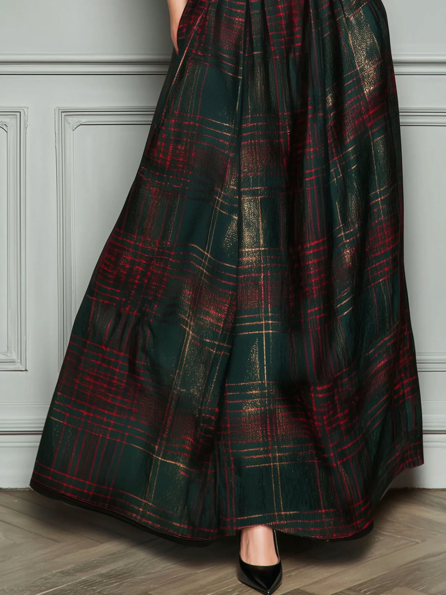 Black V-neck Velvet Green Plaid Patchwork Maxi Dress - NuaVibe