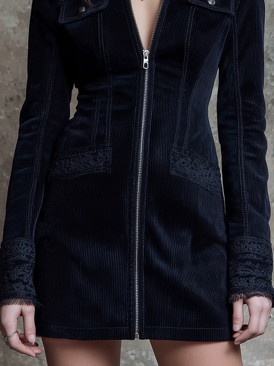 Navy Blue Corduroy Collared Zippered Lace-trimmed Mini Dress