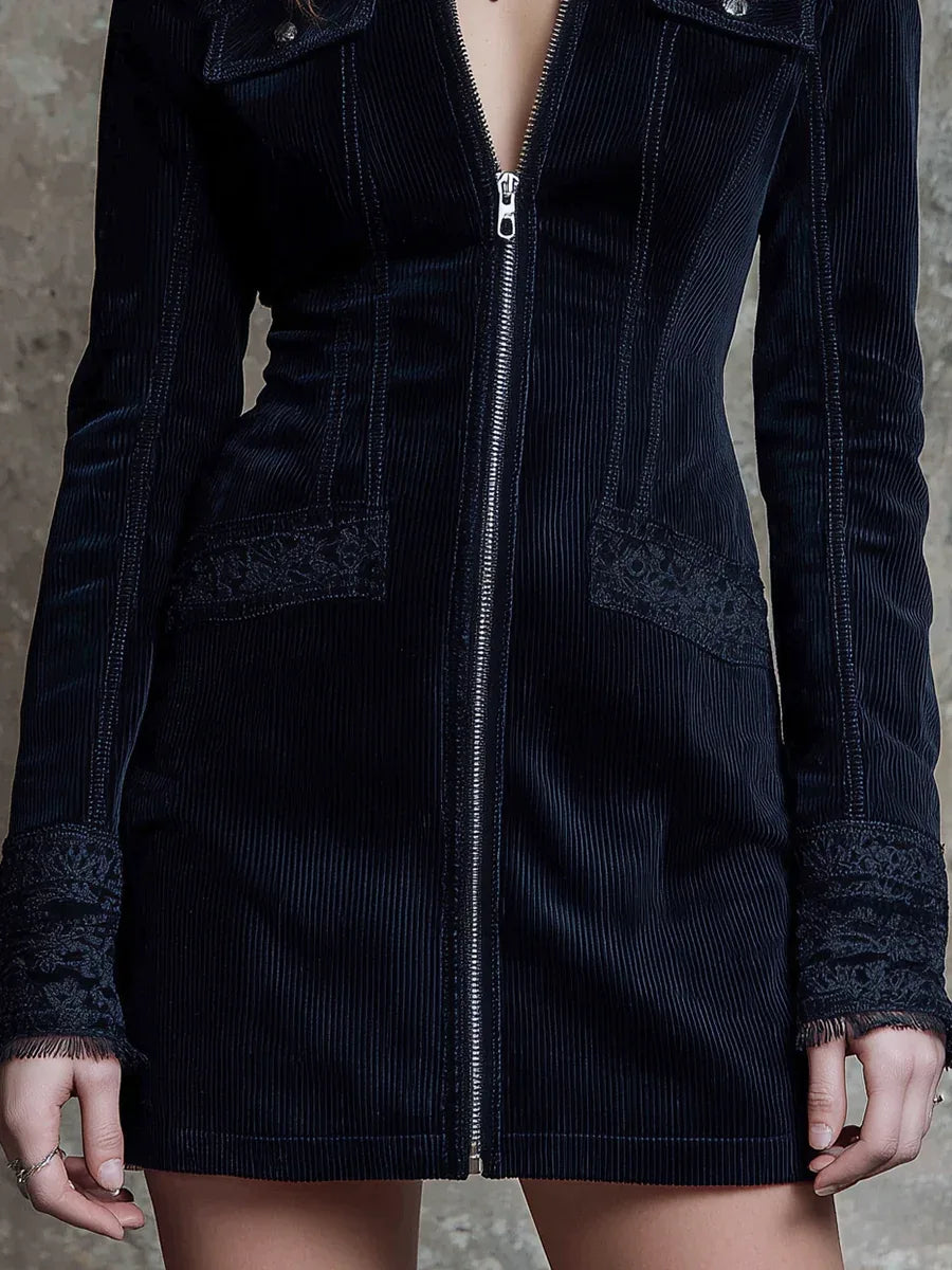 Navy Blue Corduroy Collared Zippered Lace-trimmed Mini Dress - NuaVibe