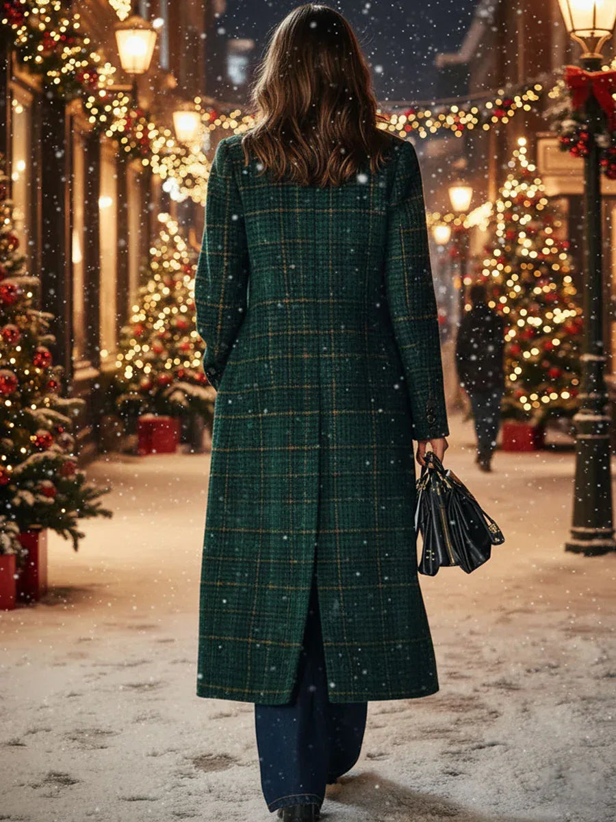 Retro Classic Dark Green Plaid Long Coat - NuaVibe