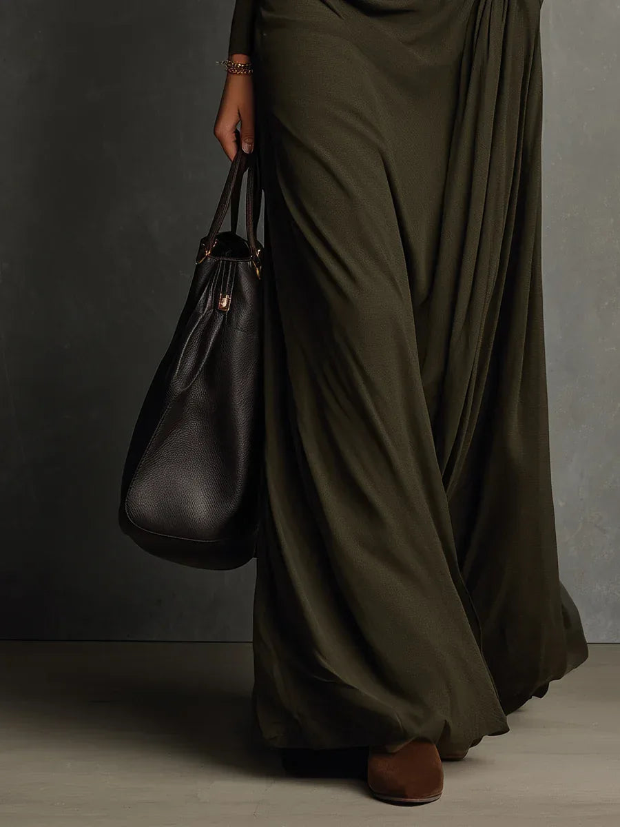 Olive Green Turtleneck Pleated Maxi Dress - NuaVibe