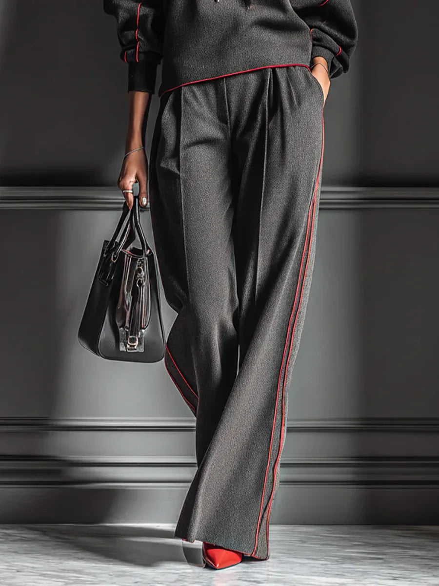 Dark Gray and Red Color-blocked Hooded Sweatshirt and Wide-leg Pants Two-piece Set - NuaVibe