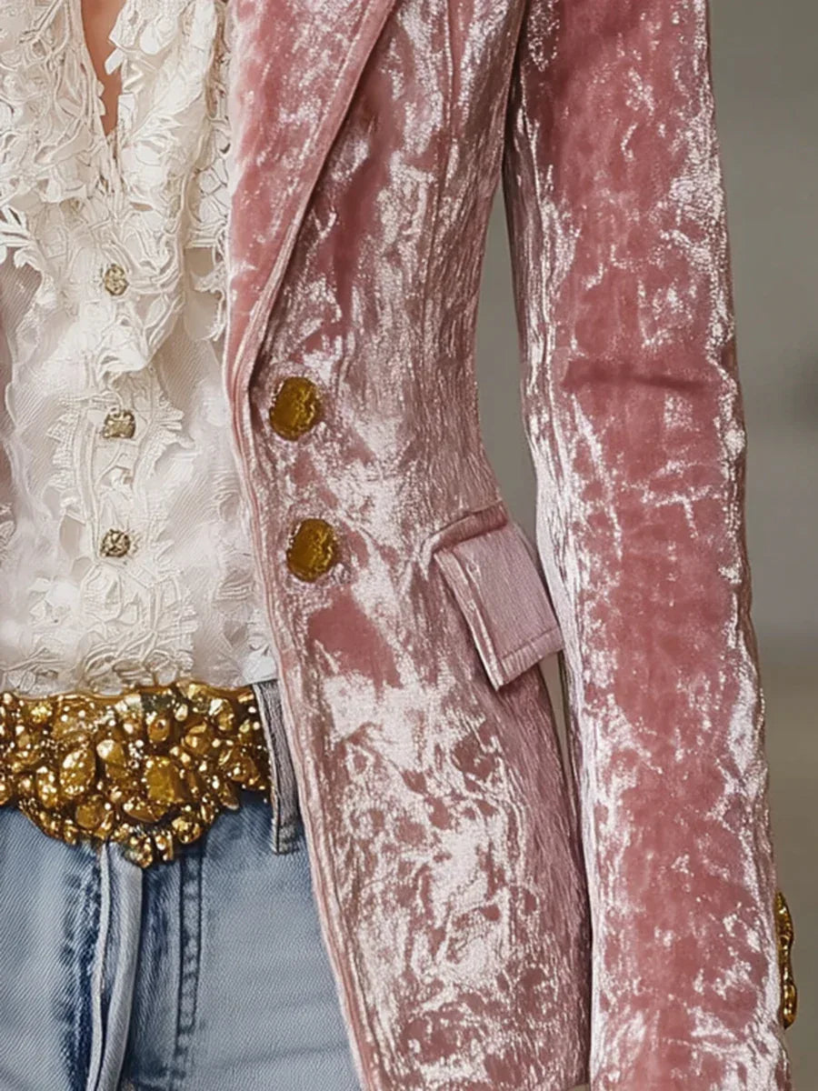 Retro Pink Velvet Gold Button Blazer - NuaVibe