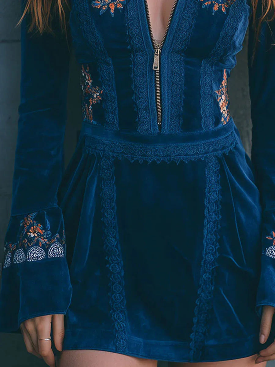 Blue Velvet Zip-up Lace-trimmed Embroidered Mini Dress - NuaVibe