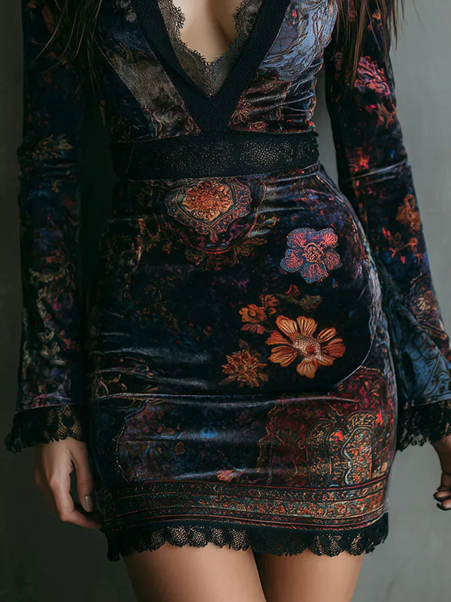Floral Print V-neck Velvet Lace Trim Slim-fit Mini Dress - NuaVibe