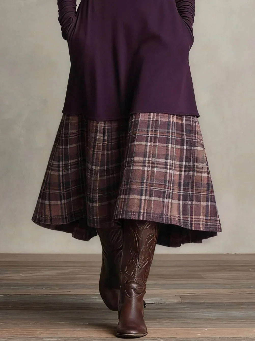 Purple Turtleneck Plaid Patchwork Faux Two-piece Midi Dress (necklace not included) - NuaVibe