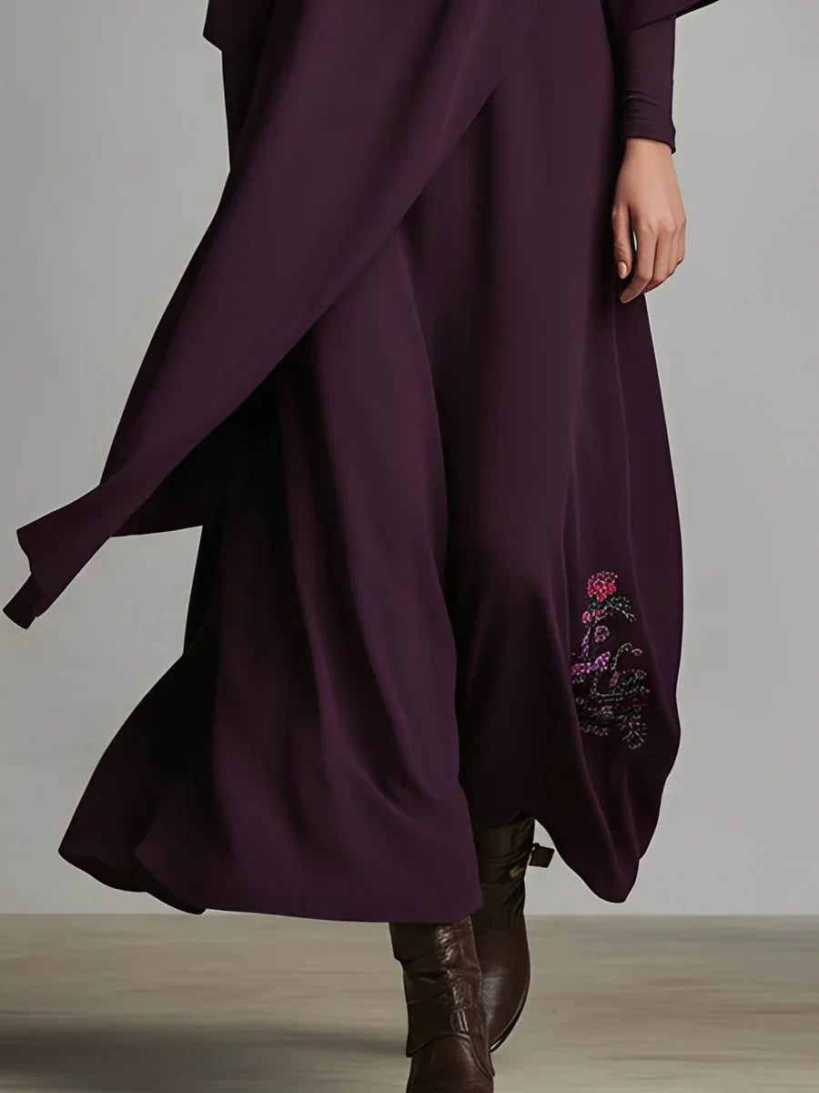 Dark Purple High-neck Embroidered Asymmetrical Pleated Maxi Dress - NuaVibe