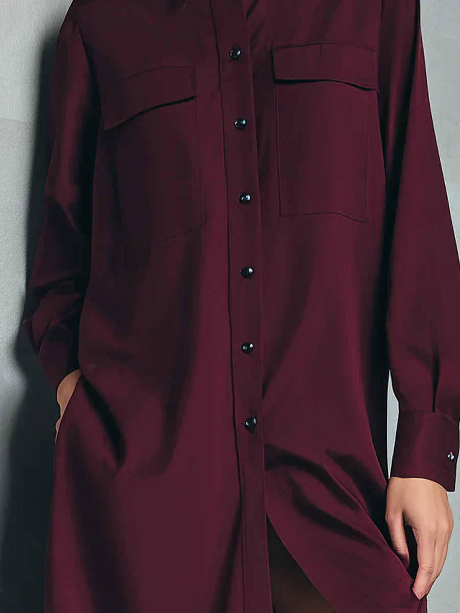 Burgundy Button-down Double-pocket Shirt Dress - NuaVibe