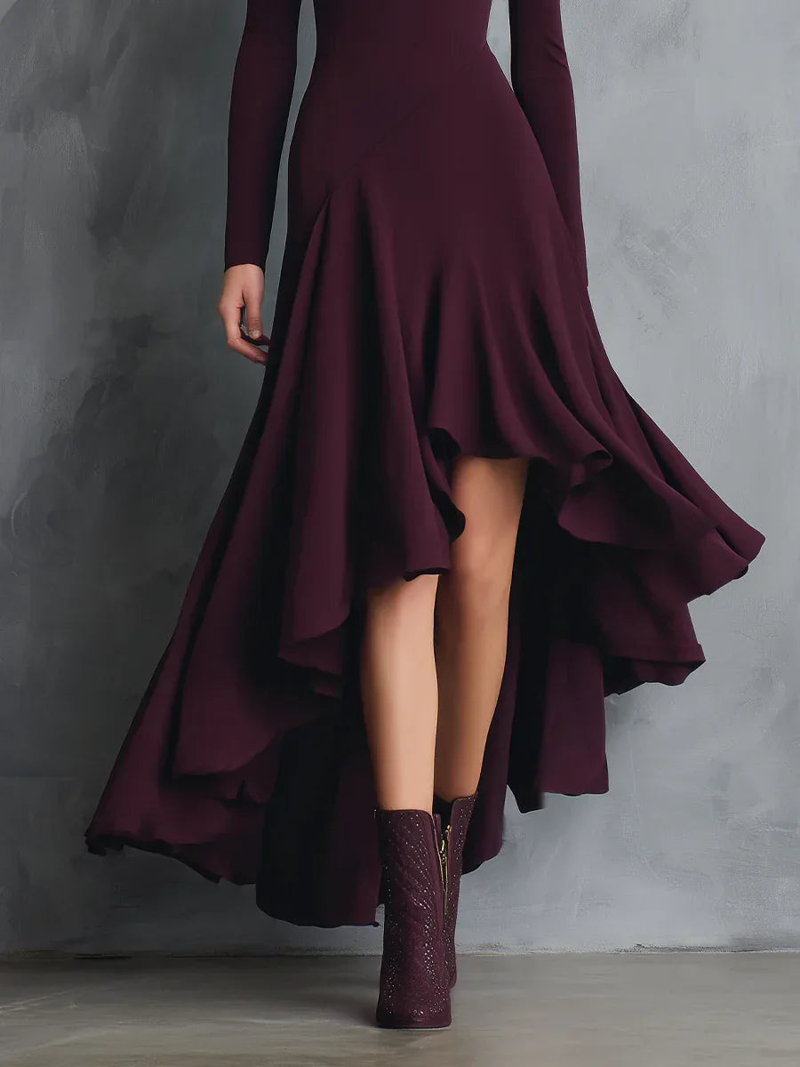 Burgundy Off-shoulder Asymmetrical Hem Maxi Dress - NuaVibe
