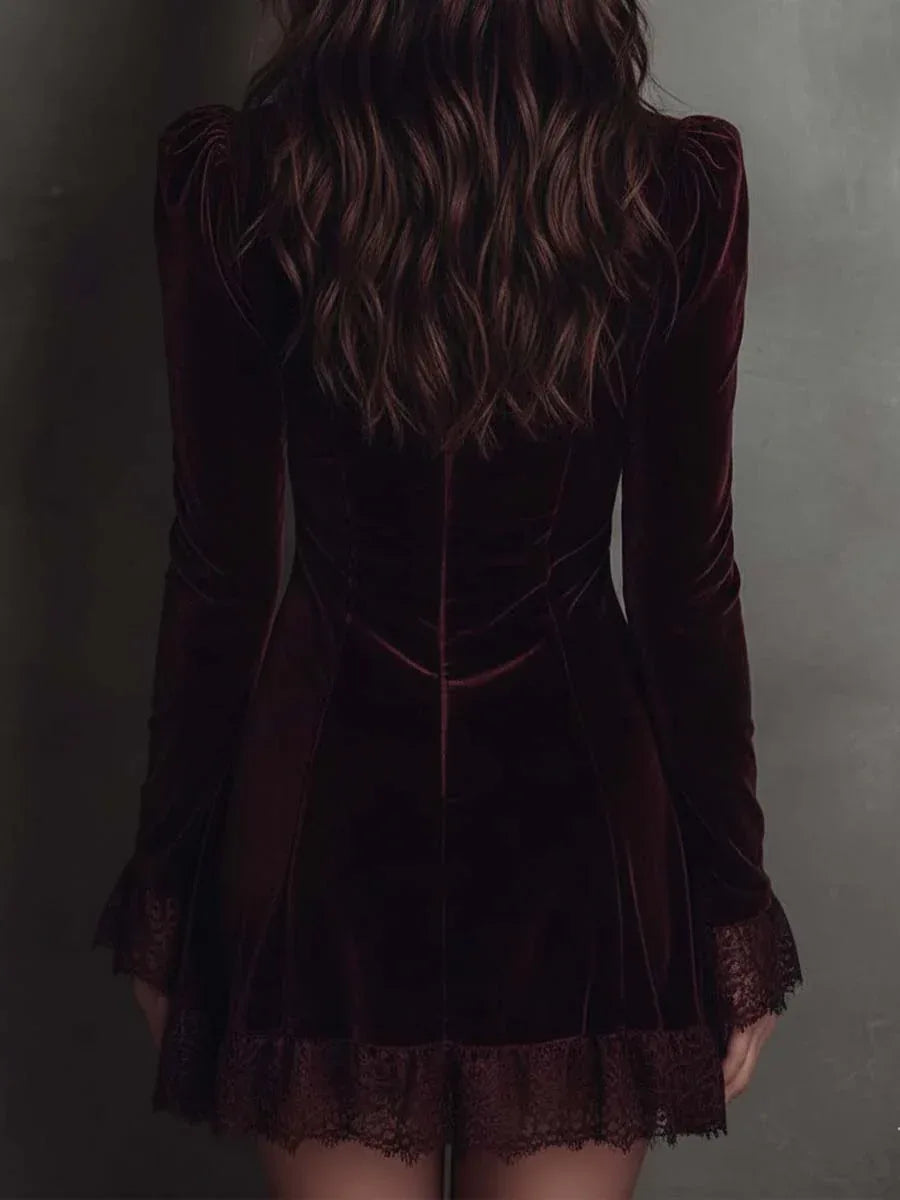 Burgundy Velvet Lace-trimmed V-neck Mini Dress - NuaVibe