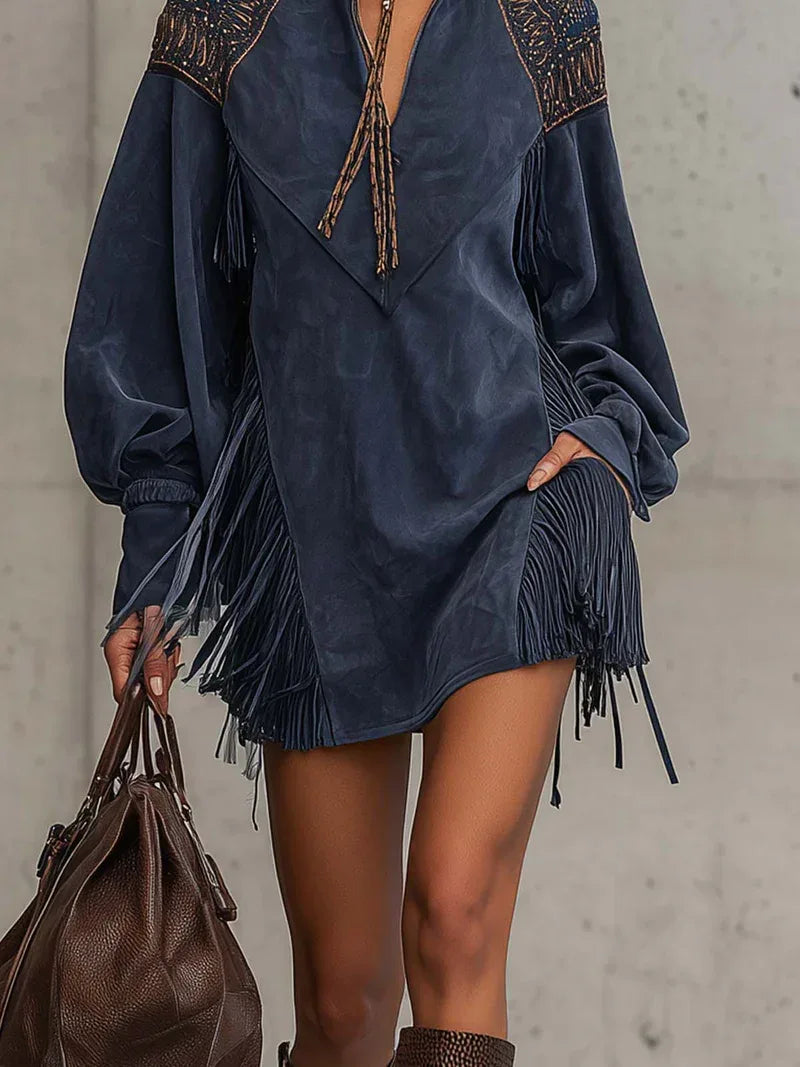 Indigo Faux Suede Embroidered Tassel Stand-up Collar Mini Dress - NuaVibe