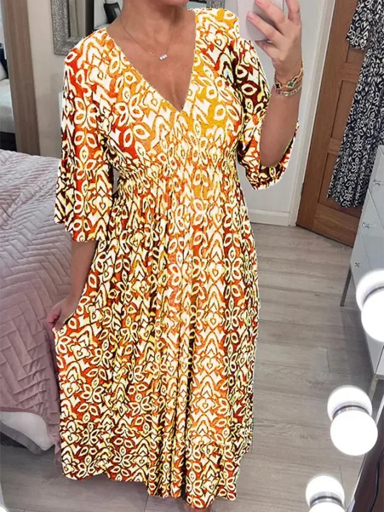 Bohemian Casual Print V-neck Waist Wrap Long Dress - NuaVibe
