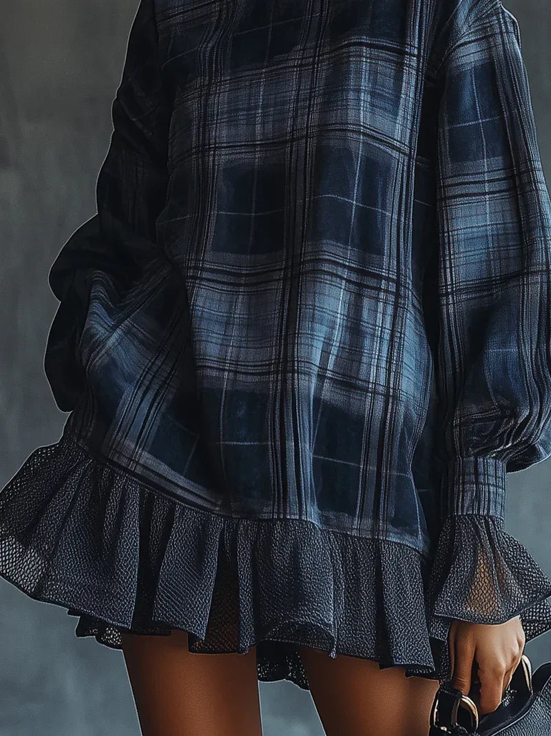 Blue Plaid Turtleneck Mesh Ruffle Mini Dress - NuaVibe