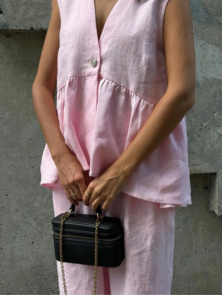 Cotton and linen V-neck ruffled two-piece suit