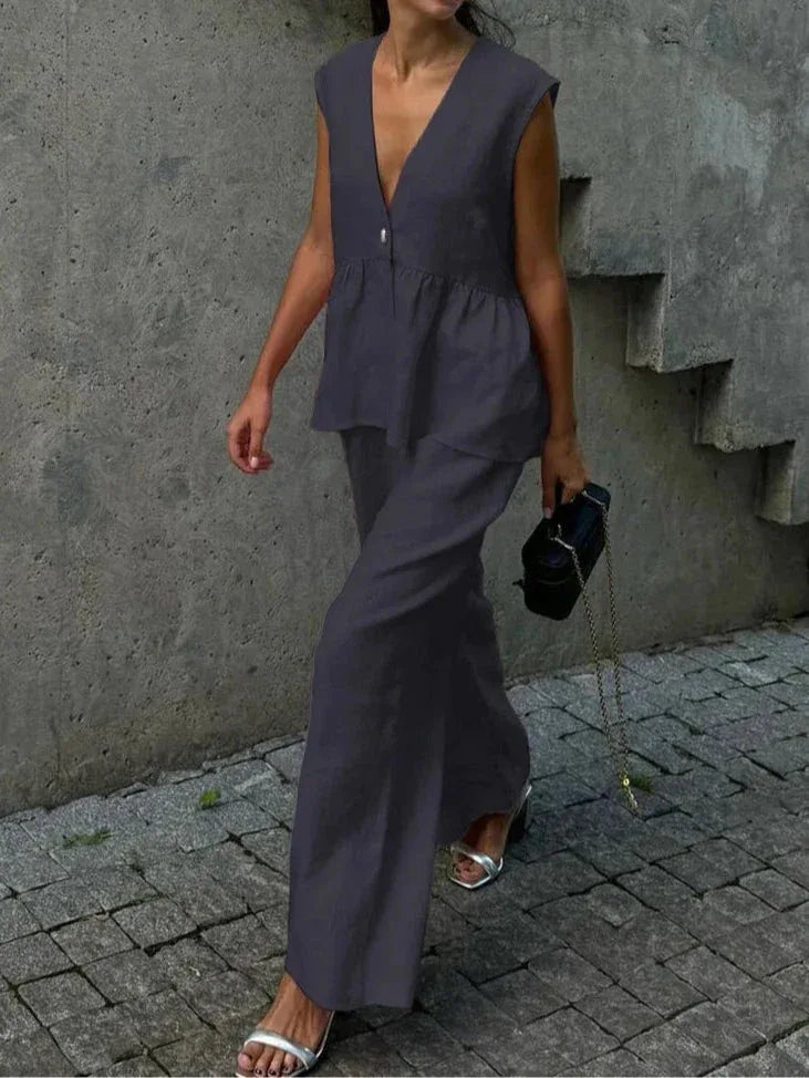 Cotton and linen V-neck ruffled two-piece suit - NuaVibe