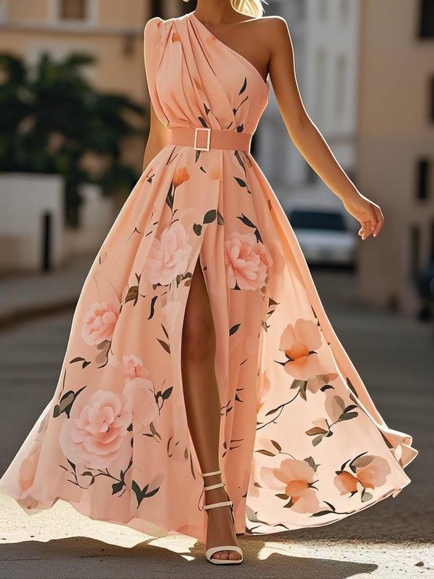 Light Green Floral Ruched One Shoulder A-Line Maxi Chiffon Dress - NuaVibe