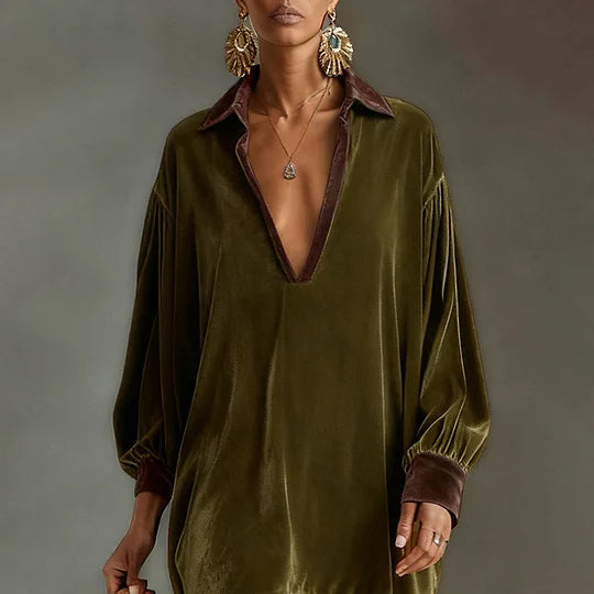 Retro Velvet Loose Casual V-neck Tassel Dress
