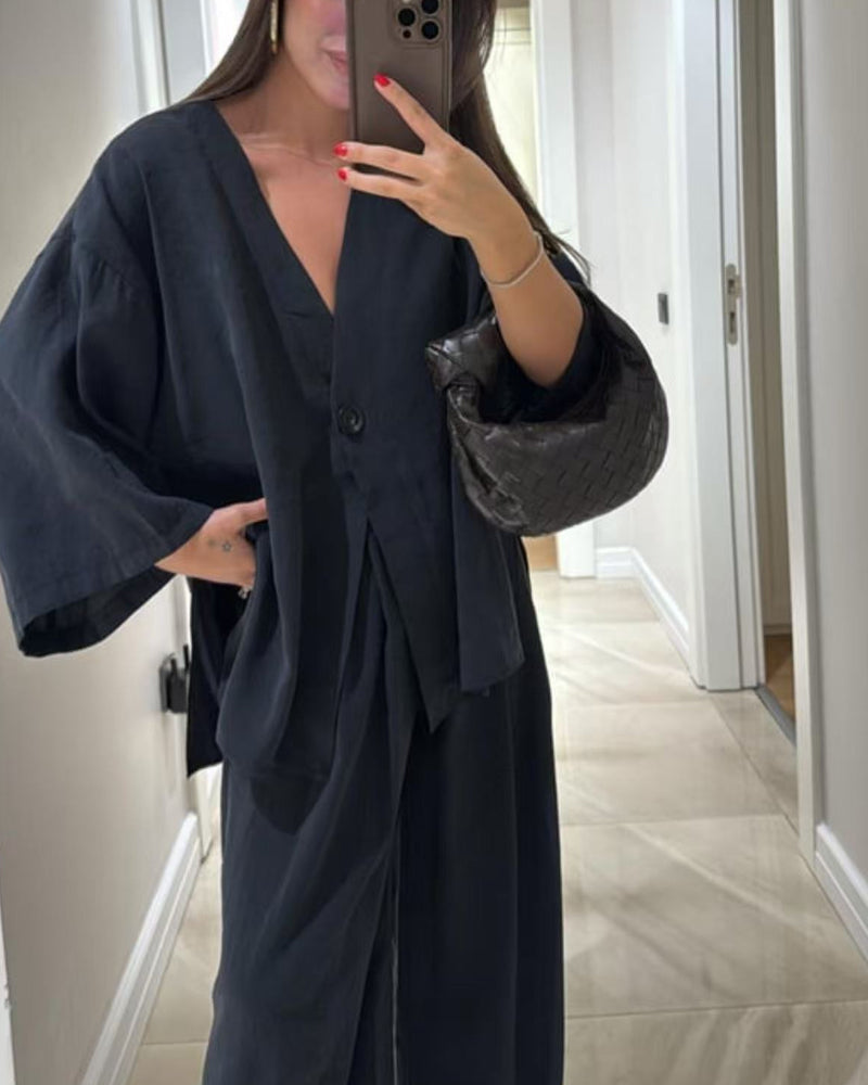 Casual V-Neck Top & Pants Two-Piece Set