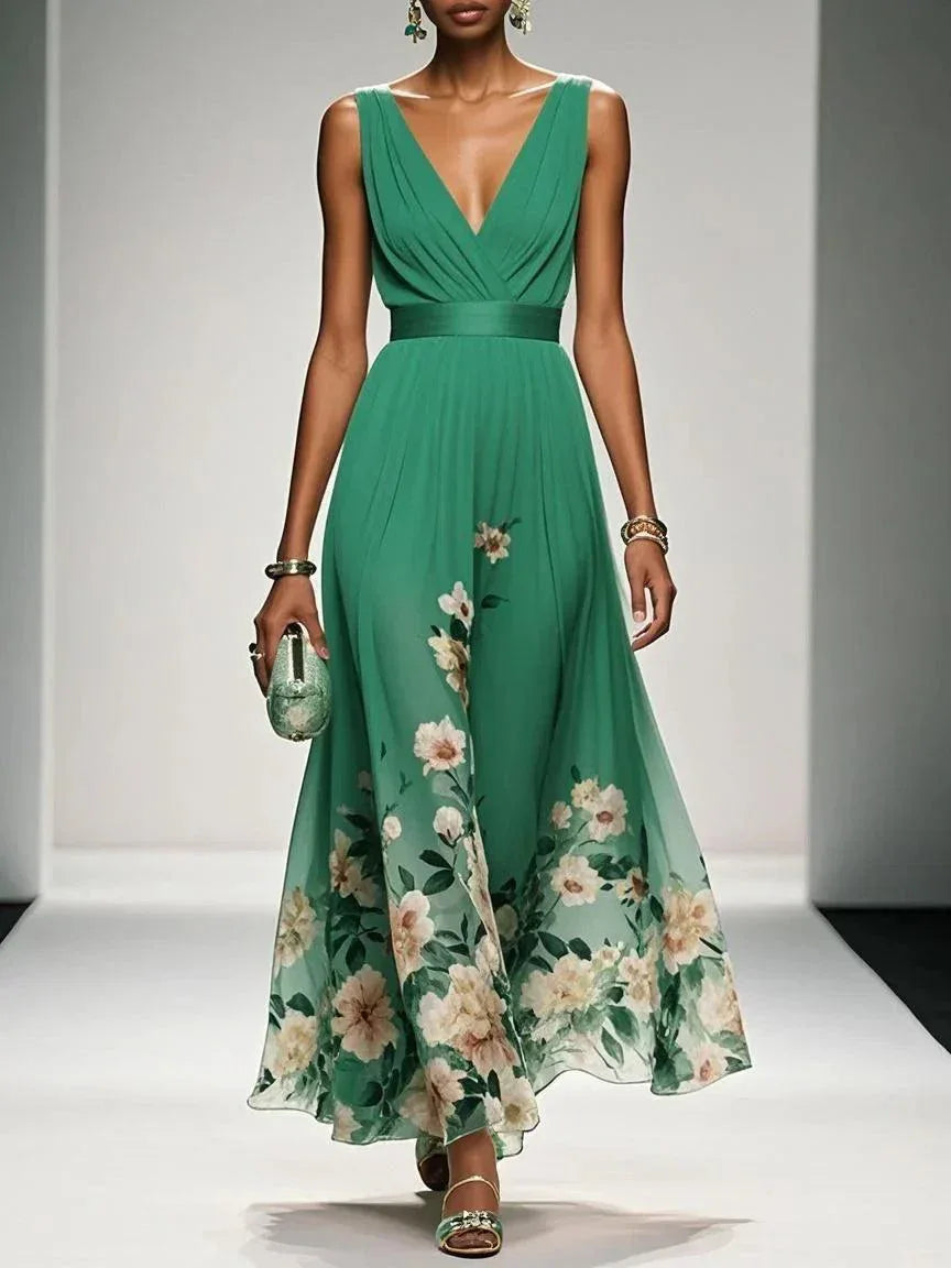 Light Blue Floral Chiffon V Neck Sleeveless A-Line Maxi Dress - NuaVibe