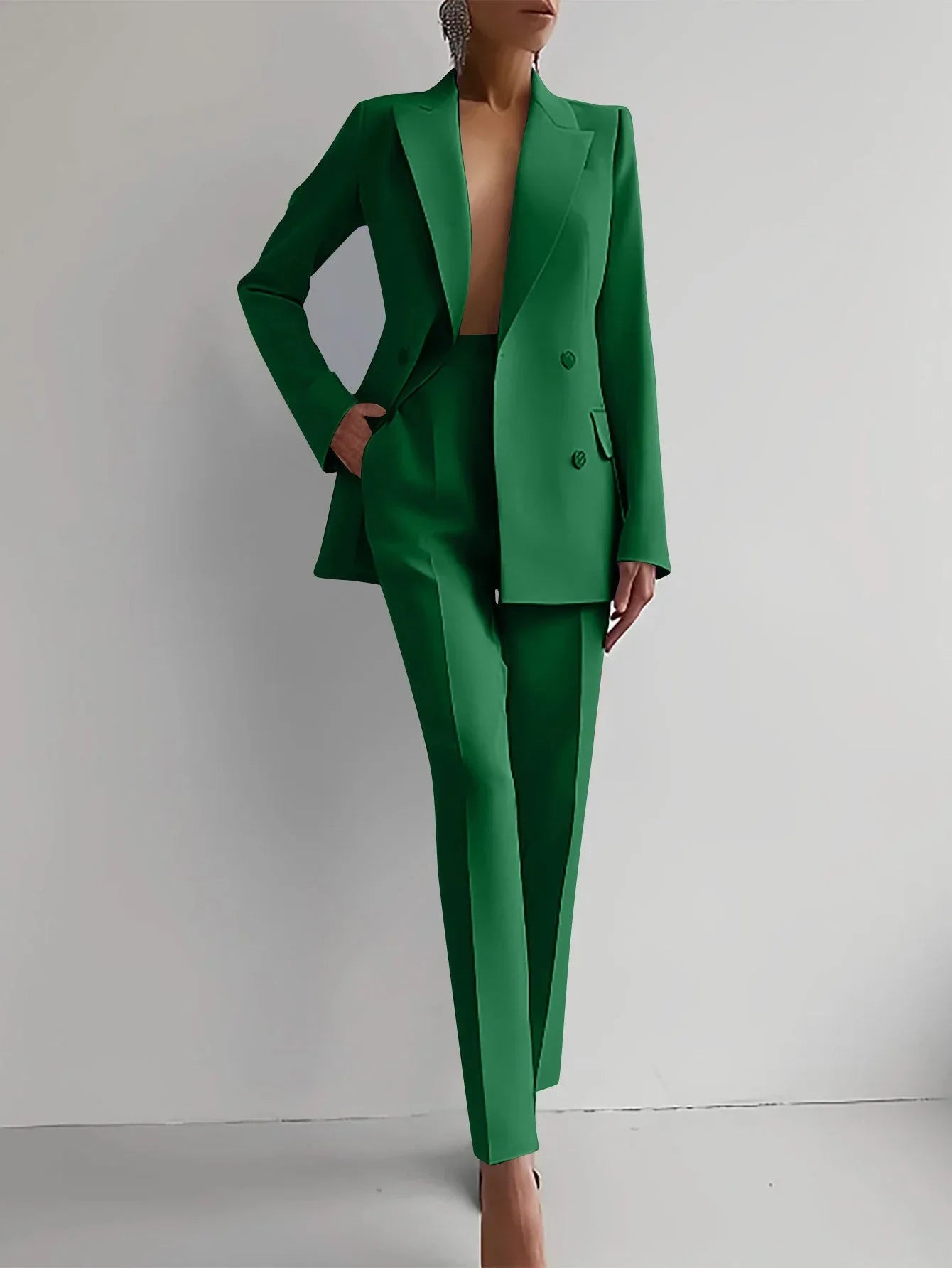 Casual Commuting Solid Color Blazer & High Waist Pants Set - NuaVibe