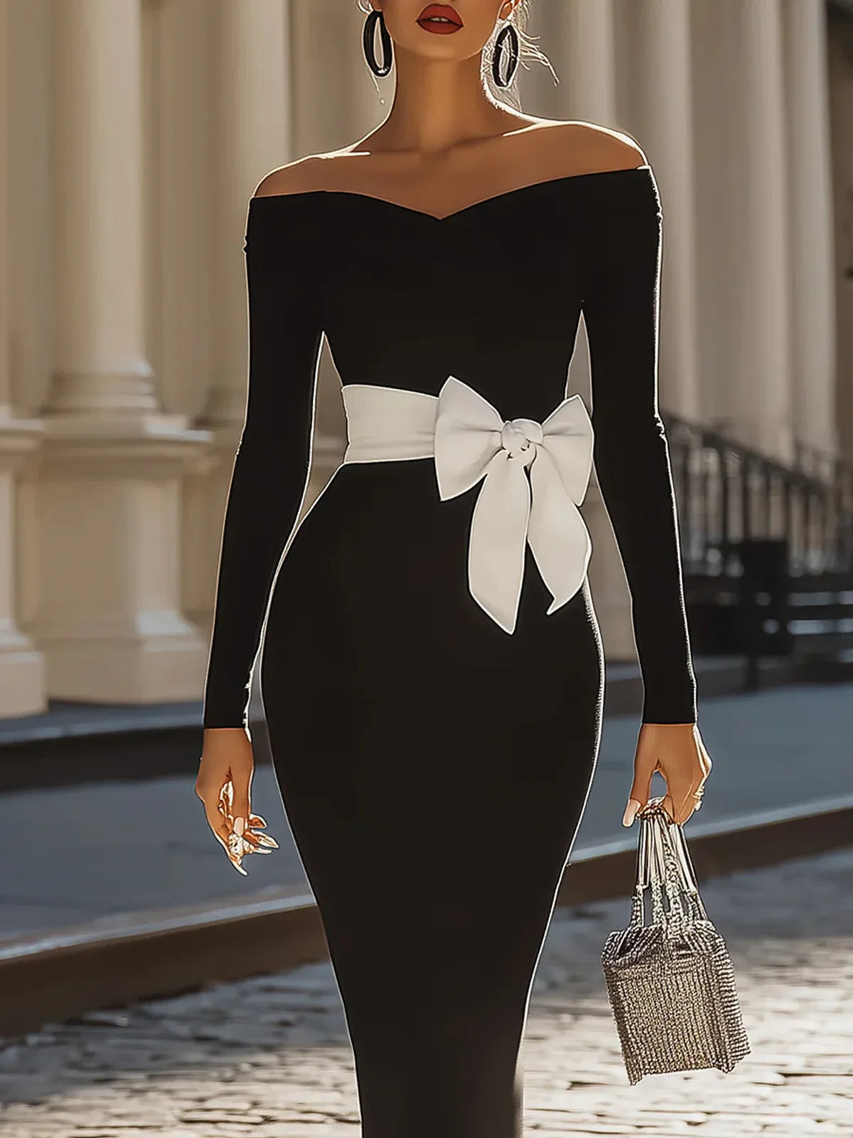 Black and white contrast off-the-shoulder bow dress - NuaVibe