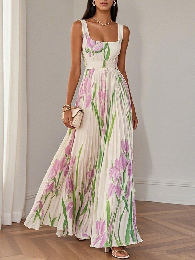 White Pleated Floral Chiffon Square Neck Sleeveless A-Line Maxi Dress - NuaVibe