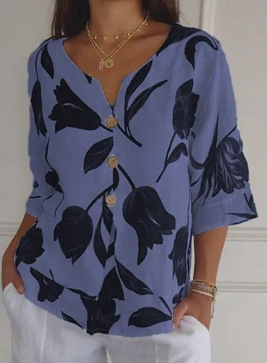 Printed Linen-Cotton V-Neck Pullover Shirt - NuaVibe