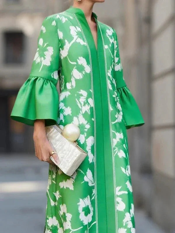 Bell Sleeve Loose Floral Print Side Slit Maxi Dress - NuaVibe