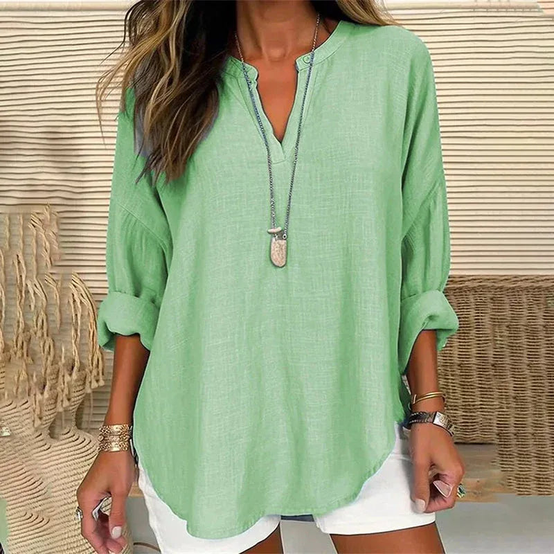 Solid Color V-Neck Long Sleeved Loose Casual Blouse - NuaVibe