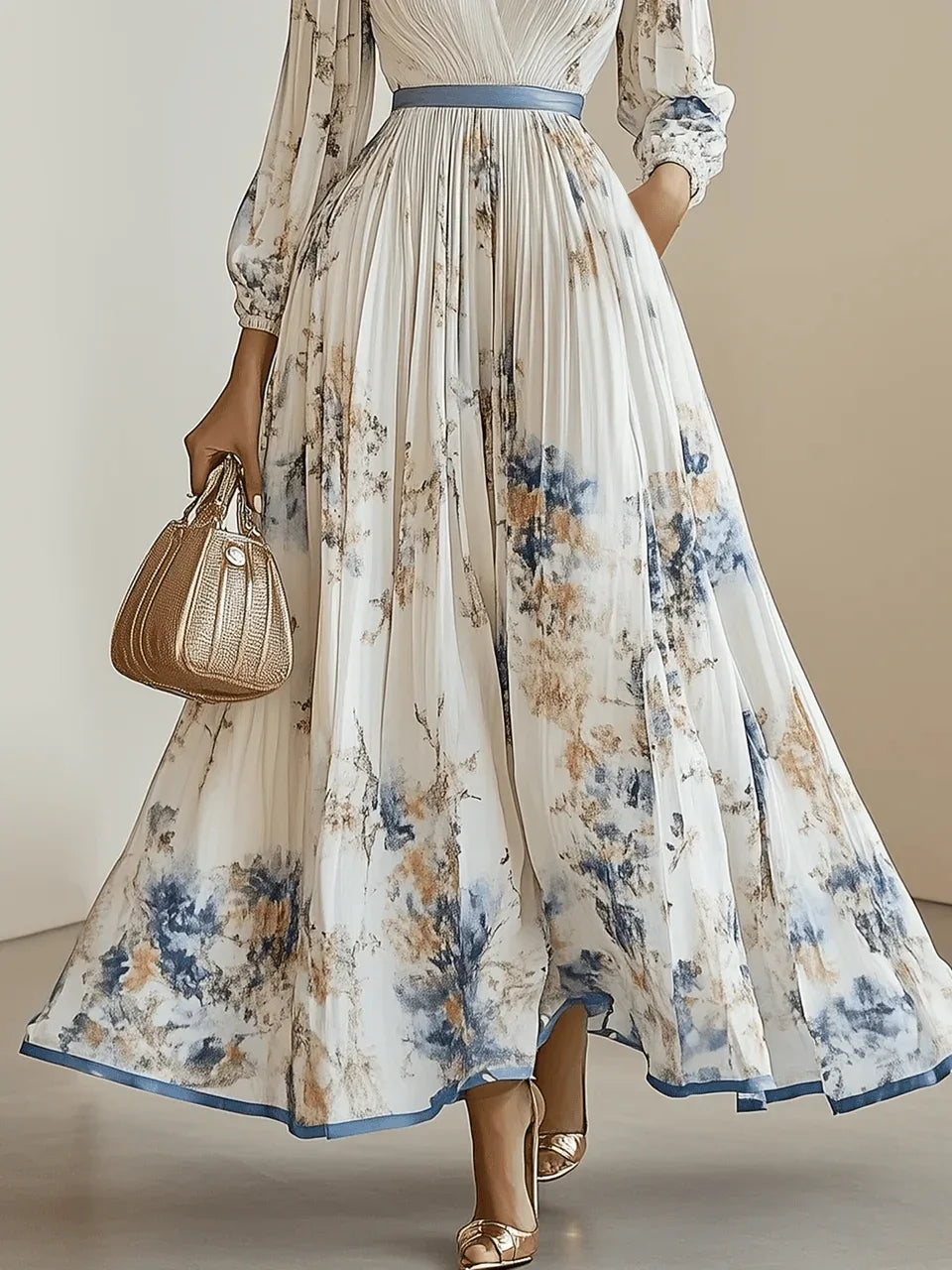 Spring New White Pleated Chiffon V Neck Floral Long Sleeve Balloon Sleeve A-Line Maxi Dress - NuaVibe