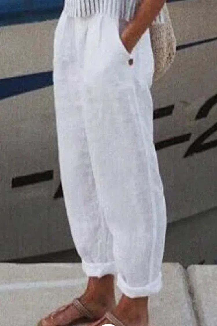 Cotton Linen Solid Color Casual Pants - NuaVibe