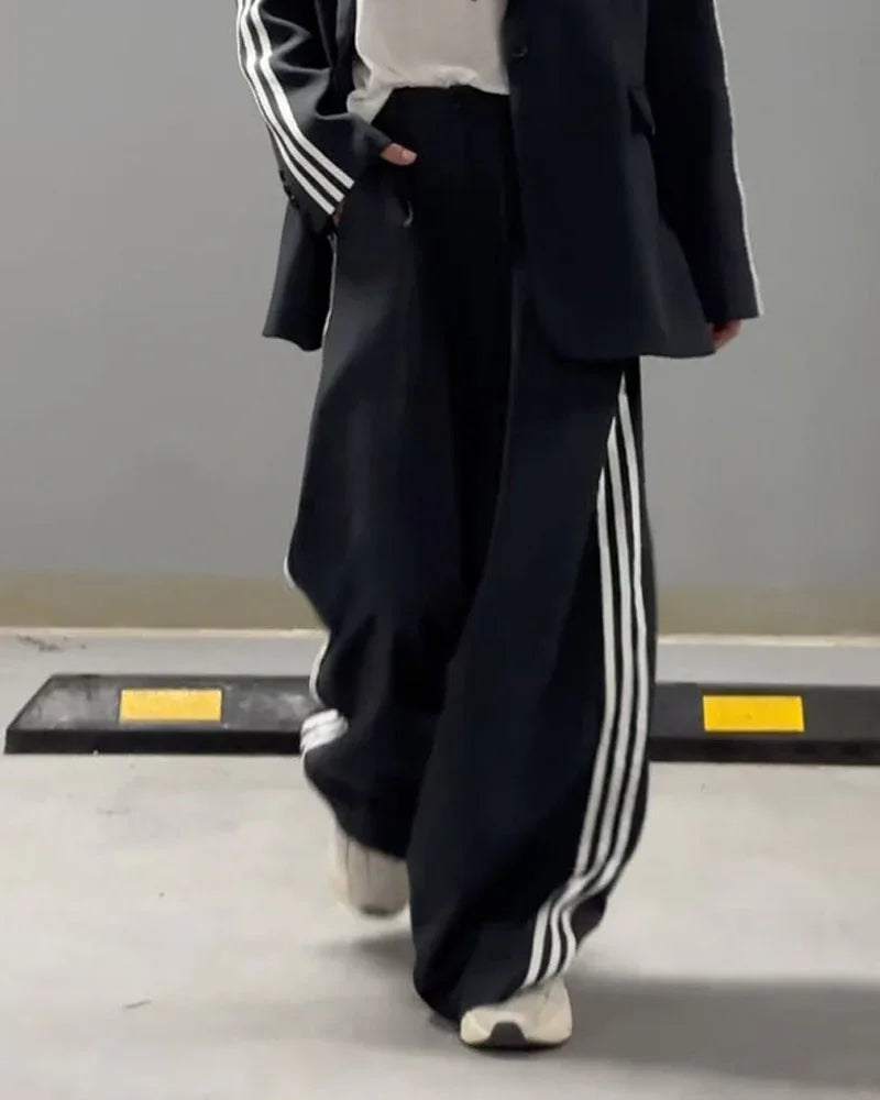 Fashionable Striped Blazer & Wide Leg Pants Two-Piece Set - NuaVibe