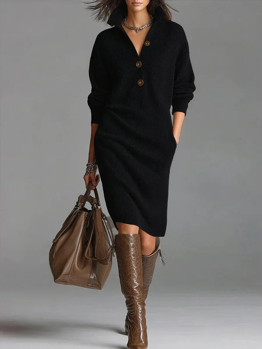 Solid color stand collar long sleeve loose knit dress - NuaVibe