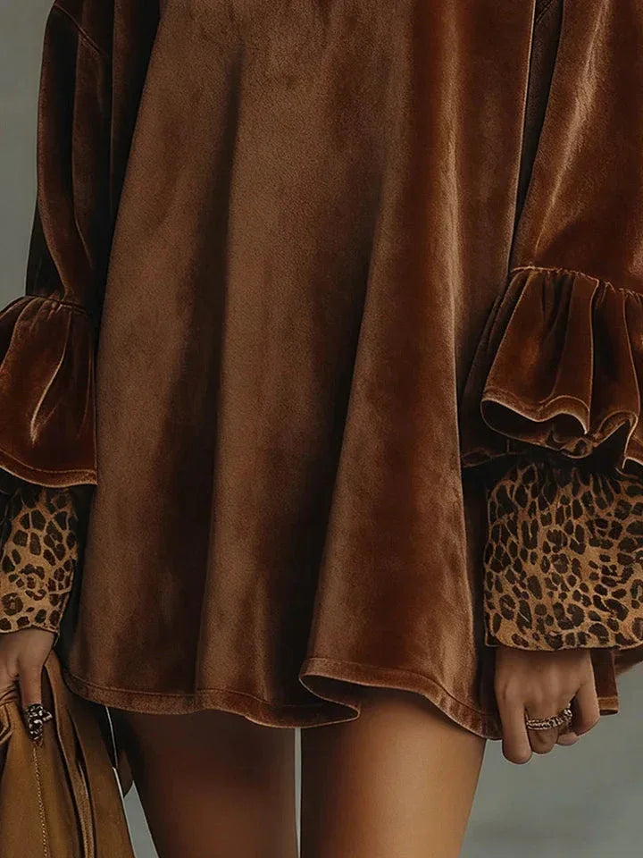 Velvet Leopard Cuff Flounce Sleeve Mini Dress - NuaVibe