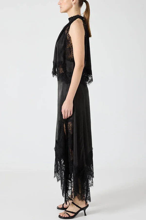 Lace Pleated Collar Top + Irregular Slit Skirt Set - NuaVibe
