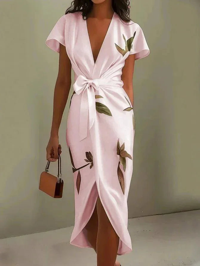 White Leaf Short Sleeve Satin Wrap Sheath Midi Dress - NuaVibe