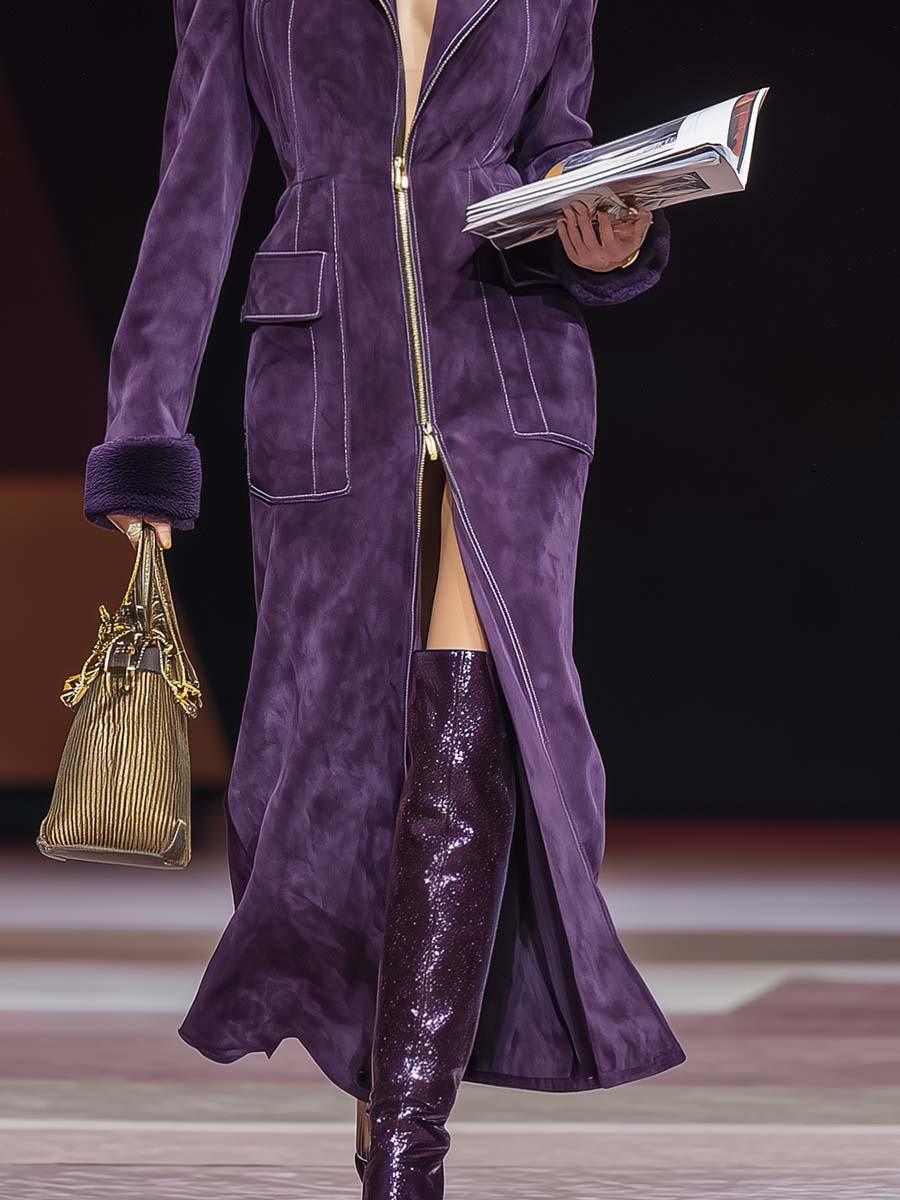 Retro purple fashionable oversized lapel zip-up faux suede slit coat - NuaVibe