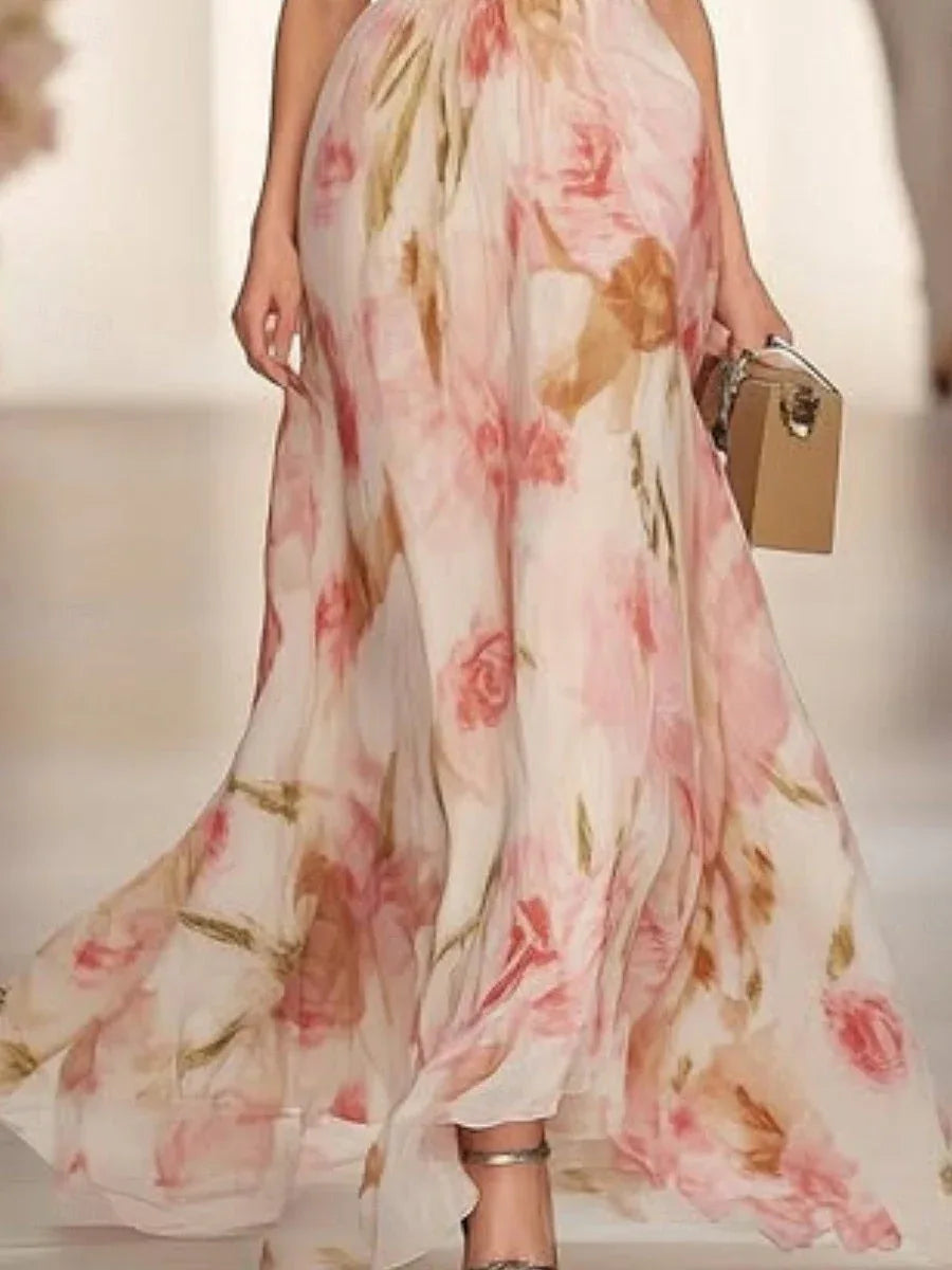 Floral Print V-neck Short-sleeved Waist Casual Maxi Dress - NuaVibe