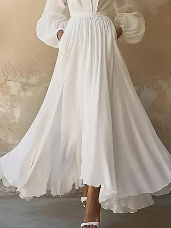 White V-neck Lantern Sleeve Ruffled Maxi Dress - NuaVibe