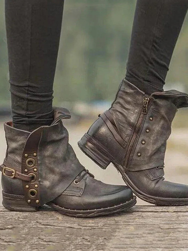 Vintage Studded Patch Buckle Ankle Boots - NuaVibe