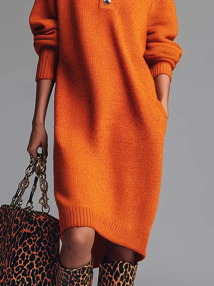Orange Lapel Button-Front Knit Midi Dress - NuaVibe