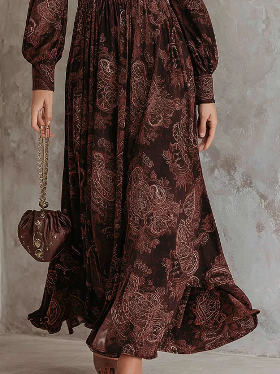 Brown Paisley Zippered Waist Maxi Dress - NuaVibe
